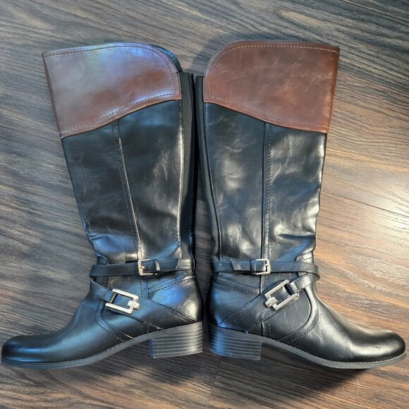 LIZ CLAIBORNE Faux Leather Black & Brown Boots w/ Block Heel NWOT/SIZE 9M - Picture 1 of 7